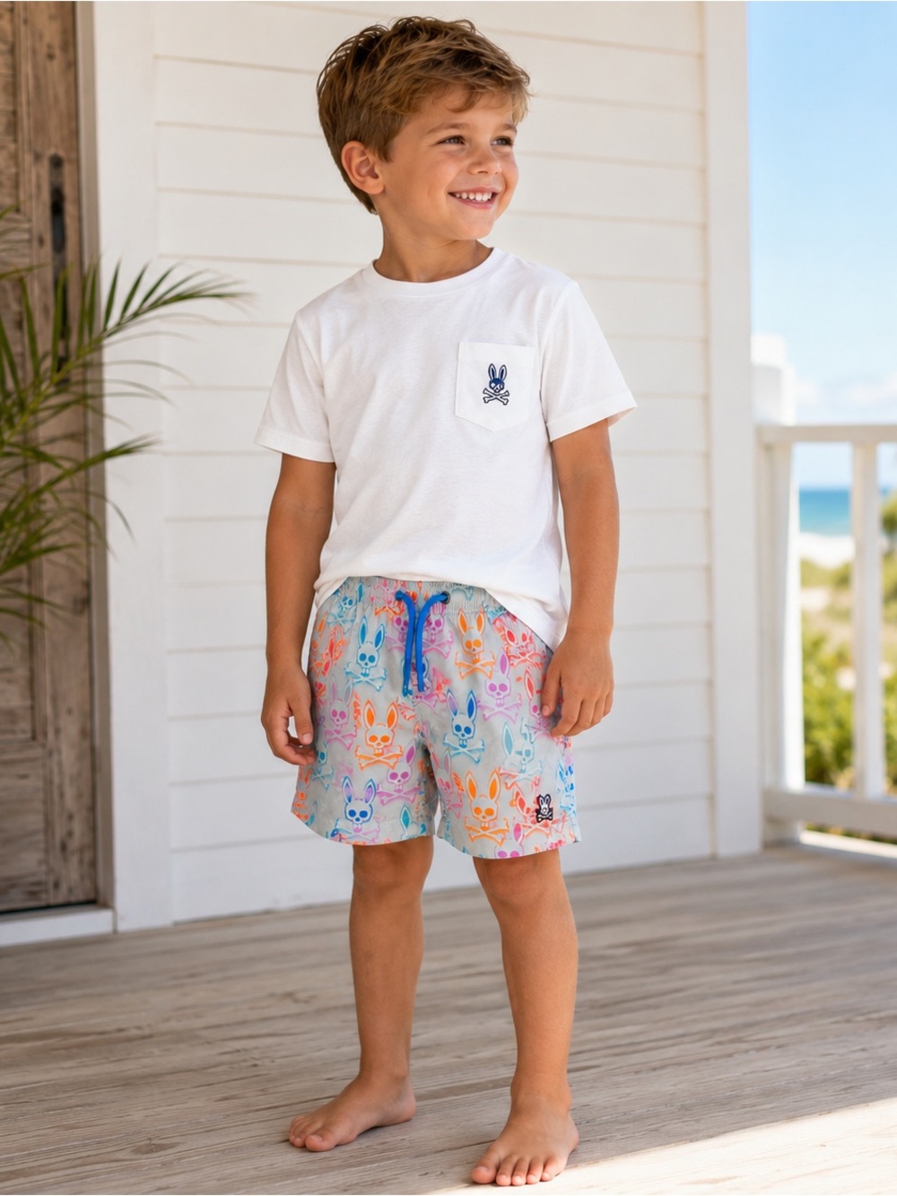 Psycho Bunny Boys Size 5/6 XS Gray Multicolor Bunny Skull Swim Trunks #1721